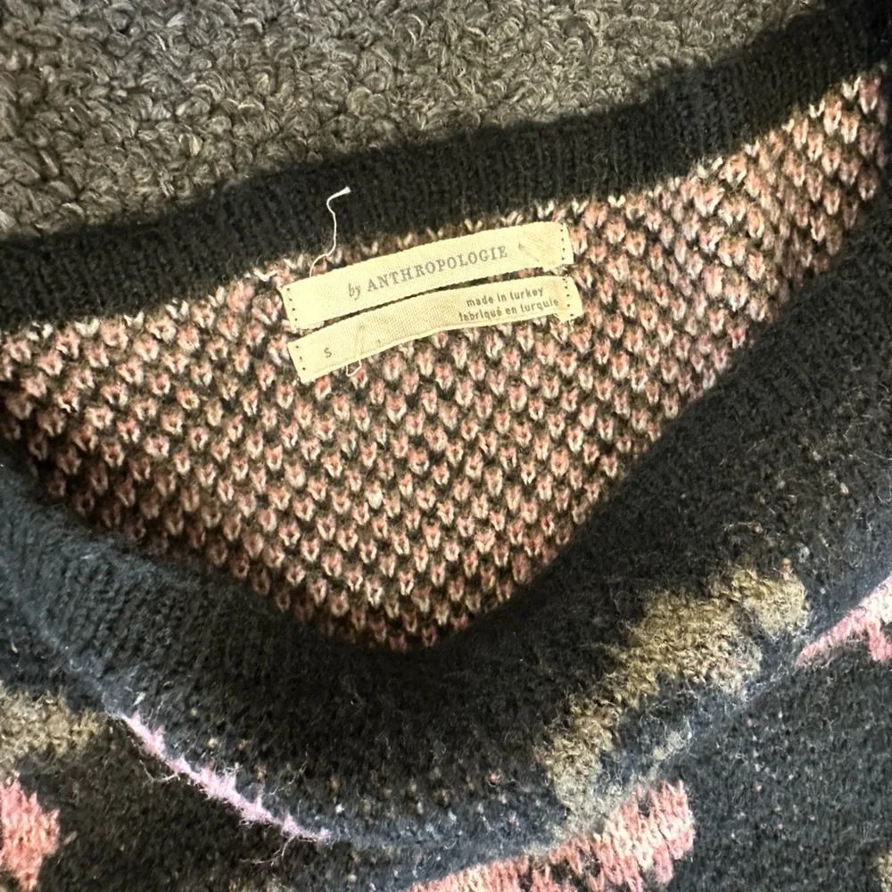 Anthropologie Black & Pink Floral Print Square Neck Fuzzy Puff Sleeve Sweater